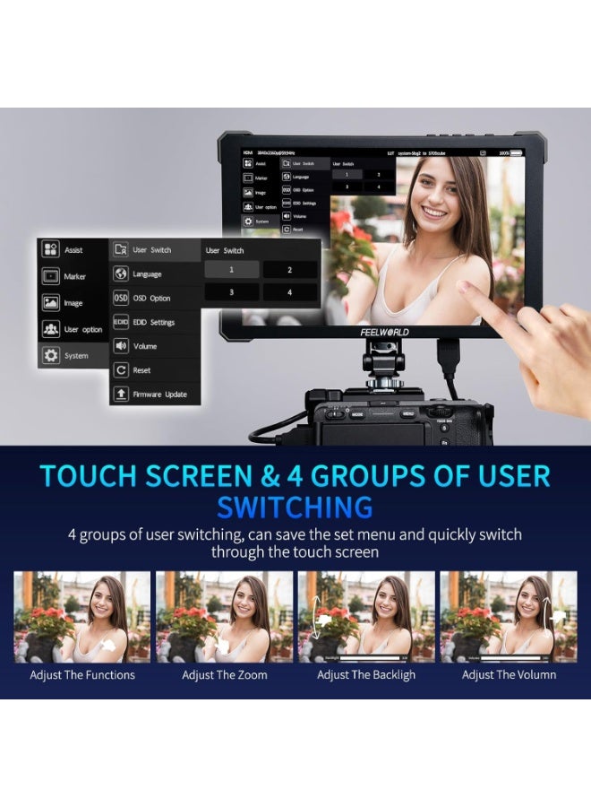 FEELWORLD T10 10.1 Inch Aluminium Camera Field DSLR Monitor Touchscreen Waveform HDR 3D LUT Out F970 Install and Power Kit - Image 2